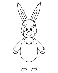 The rabbit is the symbol of the year. Hare. An animal with long ears and a cute shirt-front on the chest. Sketch. Vector illustration. Coloring book for children. Doodle style. Plush toy. 