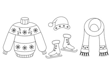 Collection of Christmas clothes. Sketch. Set of vector illustrations. Doodle style. Sweater, hat, figure skates and scarf. Knitted Christmas things are decorated with snowflakes. Coloring book 