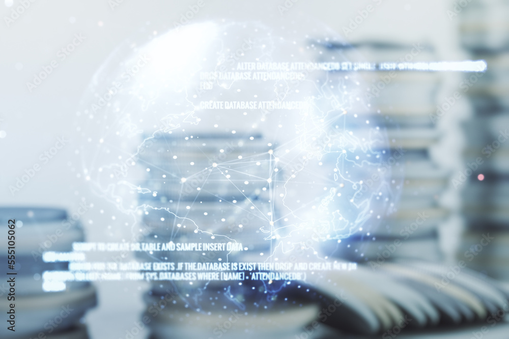 Aufkleber multi exposure of abstract software development hologram and world map on growing stacks of coins ba