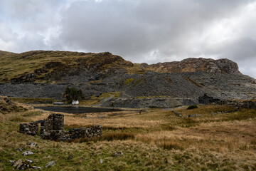 View across Cwmorthin Valley at slate waste and mountains