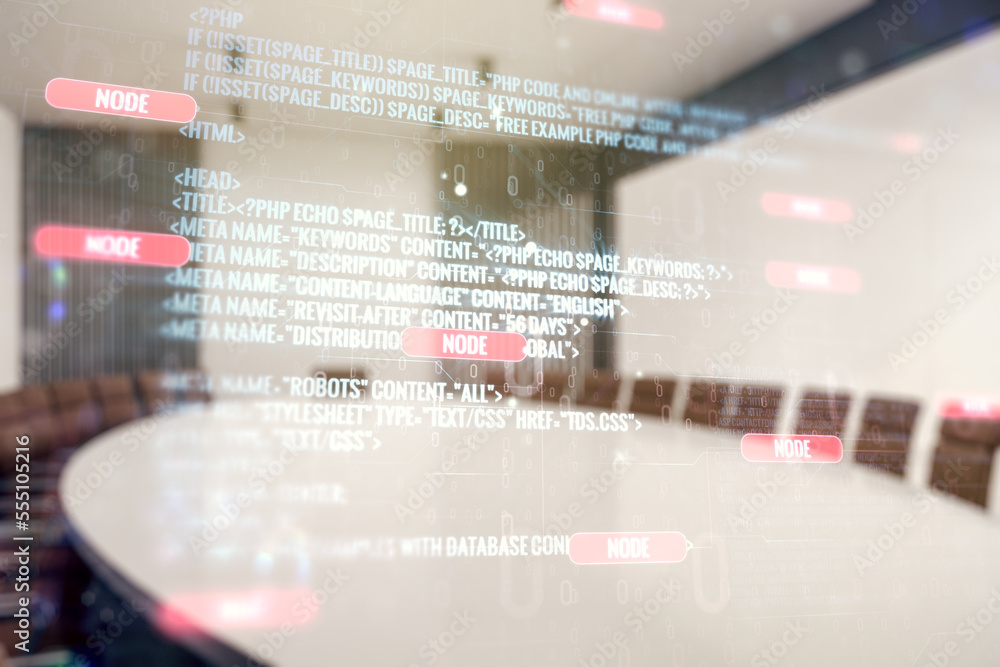 Leinwandbilder Double exposure of abstract creative programming illustration on a modern boardroom background, big data and blockchain concept