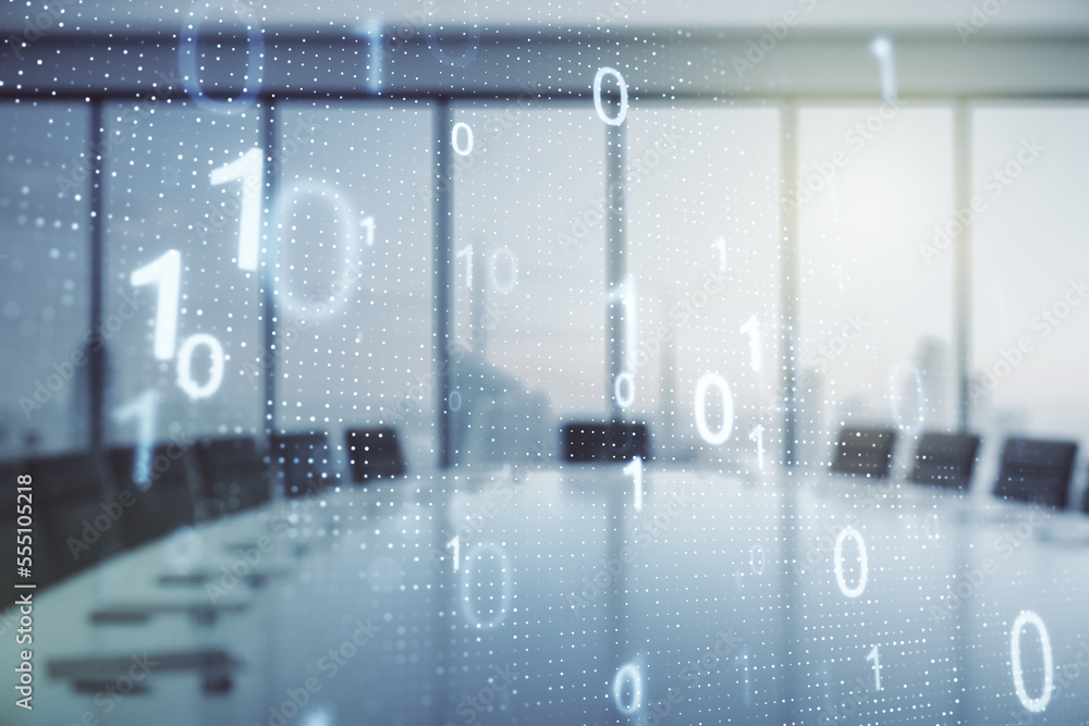 Leinwandbilder double exposure of abstract virtual binary code hologram on a modern meeting room background. databa