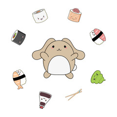 kawaii-style rabbit surrounded by sushi