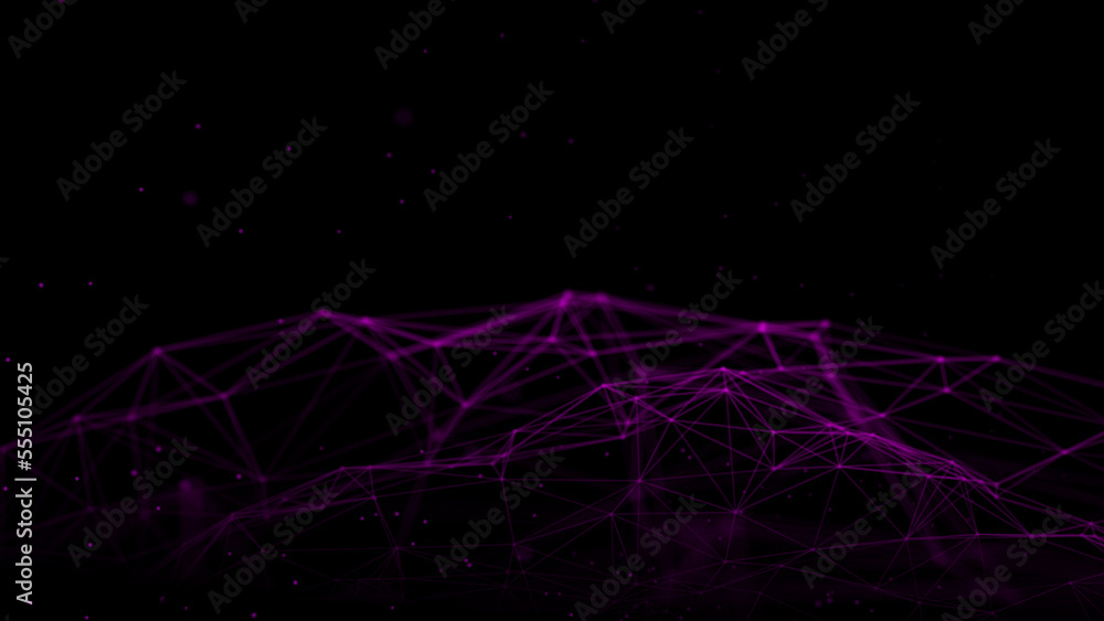 Poster Futuristic wave with lines and dots. Abstract background with a dynamic wave. Particle placement with hanging dots in space. Large data background. 3d rendering.