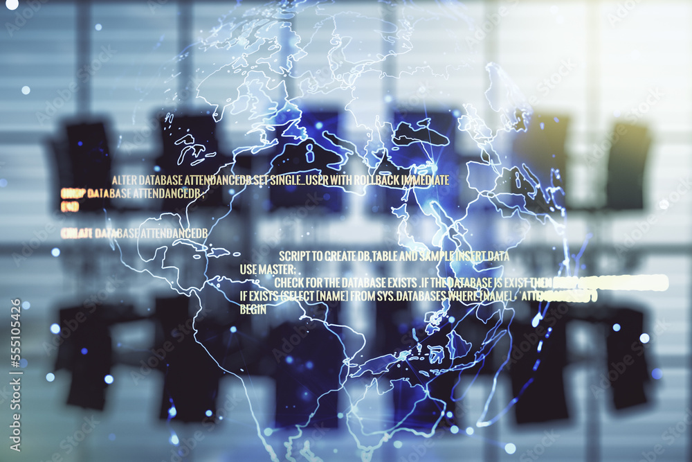 Poster abstract virtual coding illustration and world map on a modern coworking room background, internatio
