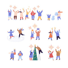 People celebrate winter Holidays flat vector collection. Happy New Year, Christmas. Winter outdoor activities.