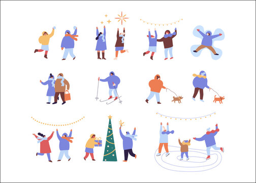 People celebrate winter Holidays flat vector collection. Happy New Year, Christmas. Winter outdoor activities.