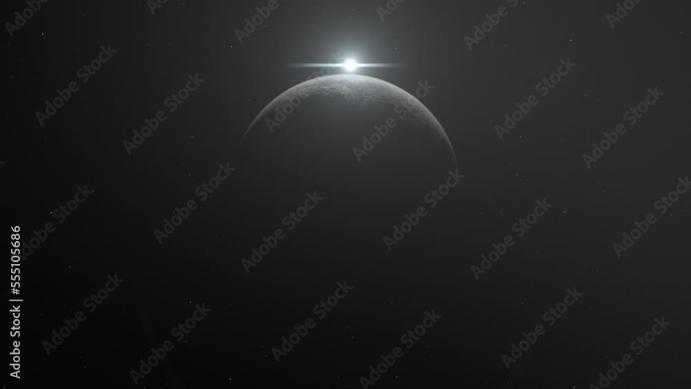 Wall mural cinematic view of moon rising and shining over planet in the outer space.