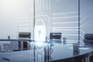 Virtual creative lock sketch with chip hologram on a modern boardroom background, protection of personal data concept. Multiexposure