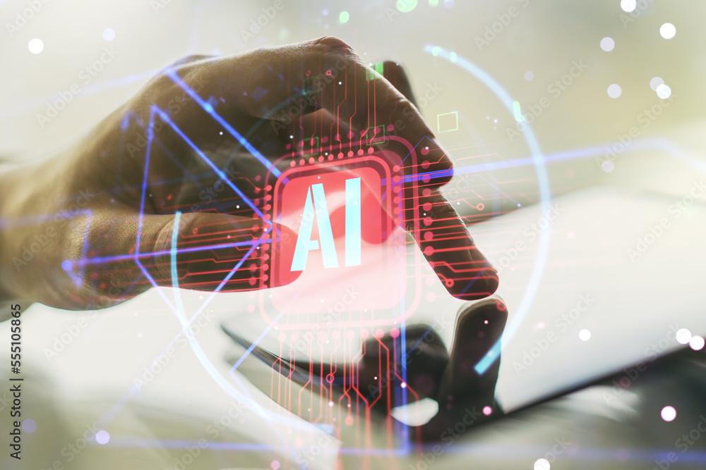 Aufkleber Double exposure of creative artificial Intelligence abbreviation and hand working with a digital tablet on background. Future technology and AI concept