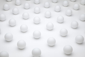 Pattern of white round ping pong balls on a white background representing monotony, uniformity, similarity, traditional values, order, unimaginative and repetitive thinking, or purity and freshness