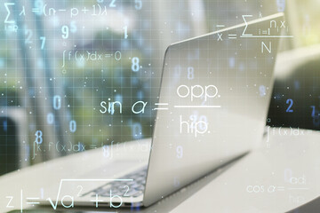 Creative scientific formula illustration on modern computer background, science and research...