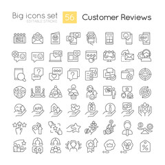 Positive client ratings and reviews linear icons set. Customer service. Communication. Customizable thin line symbols. Isolated vector outline illustrations. Editable stroke. Quicksand-Light font