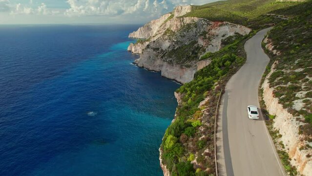 Aerial view of a car on a beautiful coast road, Zakynthos island, Greece