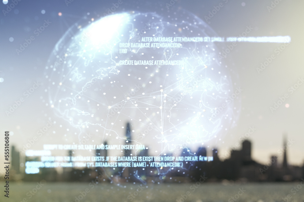 Aufkleber double exposure of abstract creative programming illustration and world map on blurry office buildin