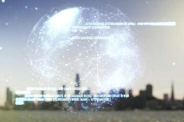 Double exposure of abstract creative programming illustration and world map on blurry office buildings background, big data and blockchain concept