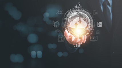 icon in hand of businessman,global internet connection concept,Global internet connection application technology for business and digital marketing,finance and banking digital link technology big data