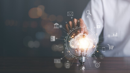 man pointing light bulb,global internet connection concept,Global internet connection application technology for business and digital marketing,finance and banking digital link technology big data