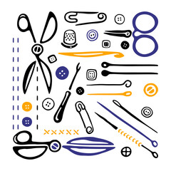 Scissors, hooks and needles. Black and white logo. Hand drawn icons collection. Vector illustration on white background.