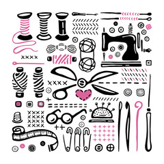 Sewing Tools Set. Wools yarns and bobbins of cotton thread. Black and white logos. Hand drawn icons collection. Vector illustration on white background.