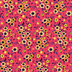 Seamless floral pattern with bright summer meadow. Cute ditsy print, liberty flower design with small hand drawn flowers, tiny leaves in an abstract composition on pink background. Vector illustration