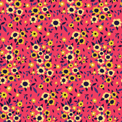 Seamless floral pattern with bright summer meadow. Cute ditsy print, liberty flower design with small hand drawn flowers, tiny leaves in an abstract composition on pink background. Vector illustration