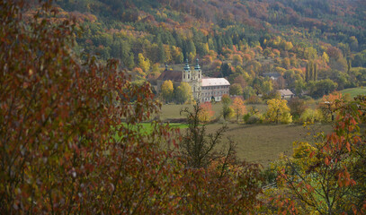 Monastery in Dolní Ročov. Augustinians baroque Monastery from architect Jan Blažej Santini-Aichel in Czech Republic. Surrounded by forests of the national park Džbán. 