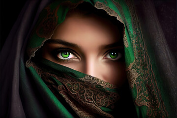 portrait of a most beautiful green eyed brunette woman with veil, made with Generative AI	
