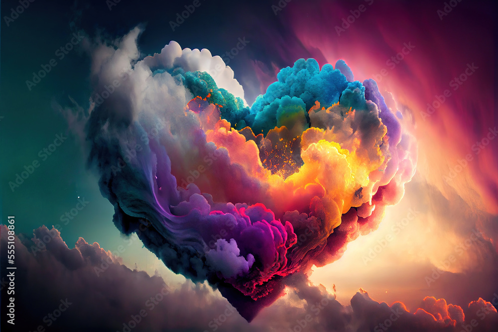 Poster beautiful colorful valentine day heart in the clouds as abstract background, made with generative ai