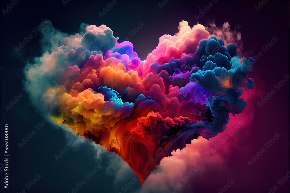Poster beautiful colorful valentine day heart in the clouds as abstract background, made with generative ai