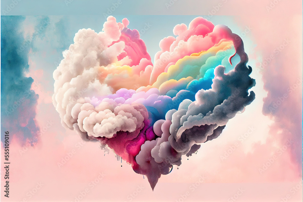 Poster beautiful colorful valentine day heart in the clouds as abstract background, made with generative ai