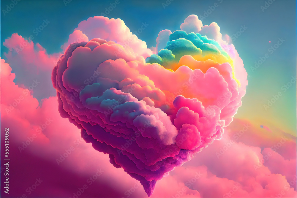 Poster beautiful colorful valentine day heart in the clouds as abstract background, made with generative ai