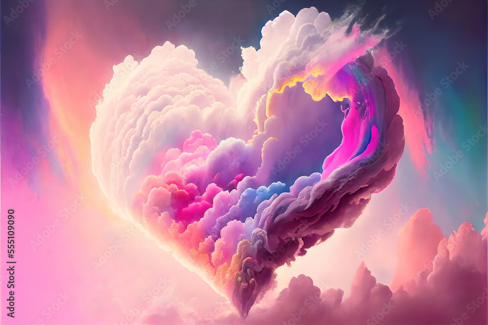 Poster beautiful colorful valentine day heart in the clouds as abstract background, made with generative ai