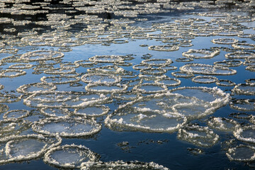 Many round ice floes as a pattern on a river with dark blue water in winter