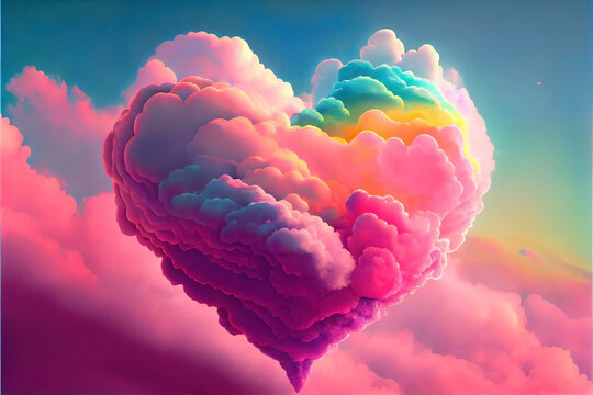 beautiful colorful valentine day heart in the clouds as abstract background, made with generative ai