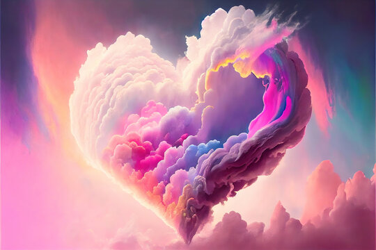 beautiful colorful valentine day heart in the clouds as abstract background, made with generative ai