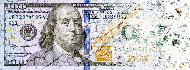 hundred dollars bill disintegration on a white background