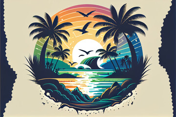 tropical island beach with palm trees and sunset, good reference for t-shirt design, made with generative ai