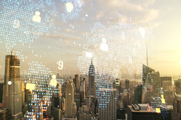 Fototapeta na wymiar Double exposure of social network icons interface and world map on Manhattan office buildings background. Networking concept