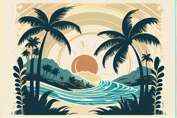 Fototapeta na wymiar tropical island beach with palm trees and sunset, good reference for t-shirt design, made with generative ai