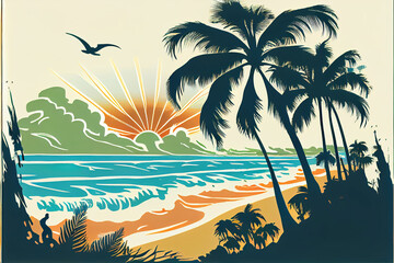 Fototapeta na wymiar tropical island beach with palm trees and sunset, good reference for t-shirt design, made with generative ai