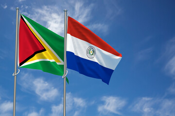 Co-operative Republic of Guyana and Republic of Paraguay Flags Over Blue Sky Background. 3D Illustration