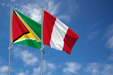 Co-operative Republic of Guyana and Republic of Peru Flags Over Blue Sky Background. 3D Illustration