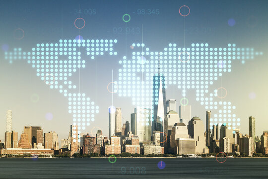 Double Exposure Of Abstract Digital World Map Hologram On New York City Office Buildings Background, Big Data And Blockchain Concept