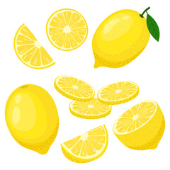 Vector illustration of a set of ripe fresh lemons, fruit halves, pieces and slices. Fruit illustration in flat style isolated on white background.