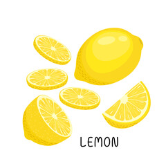 Vector illustration of a set of ripe fresh lemons, fruit halves and pieces, leaves. Fruit illustration in flat style isolated on white background.