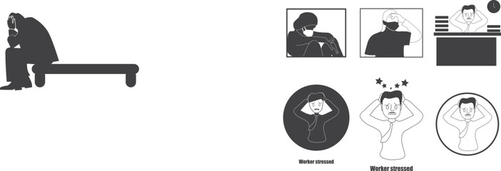 Worker stressed icon set, workload icon set black vector