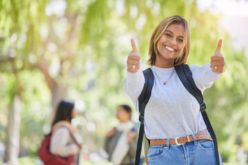 Young woman, thumbs up and university student, yes and success in education, academic study and to...