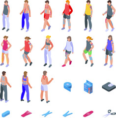 Kinesio taping icons set isometric vector. Medical sport. Fitness gym