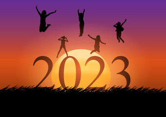 graphics drawing silhouette number for 2023 with Group People Jump Happy New Year outdoor with sunset background vector illustration concept Happy new year